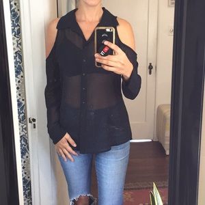 GUESS Black Chiffon Cold Shoulder Shirt